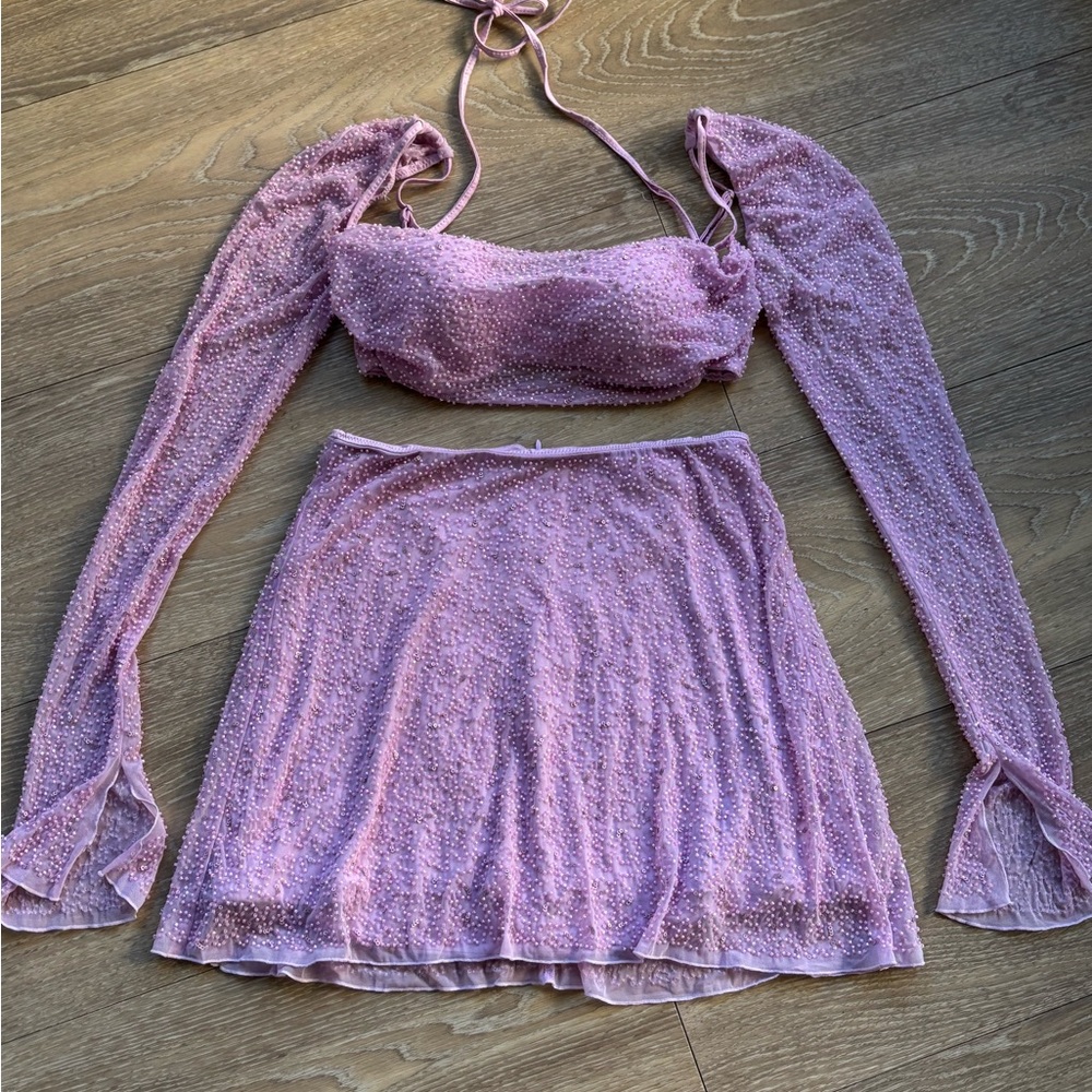 Oh Polly Lilac Beaded Two-Piece Crop Top & Skirt Set